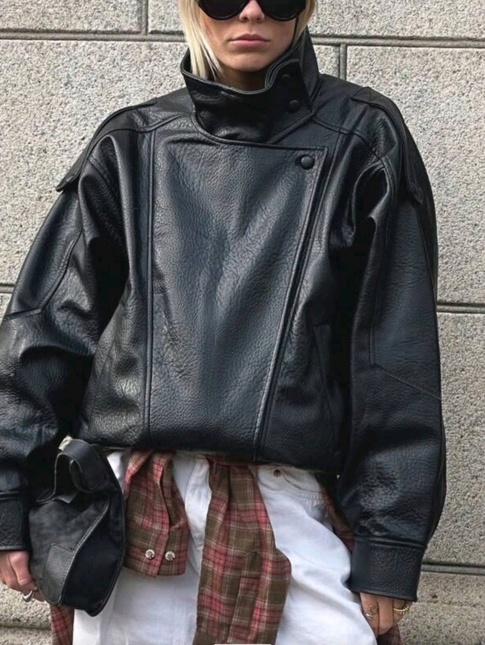 Black Faux Leather High-Neck Jacket - Women's Coat - Picture 5 of 9